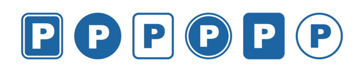 Set with blue parking vector signs. Place or area to parking car. Park zone. 