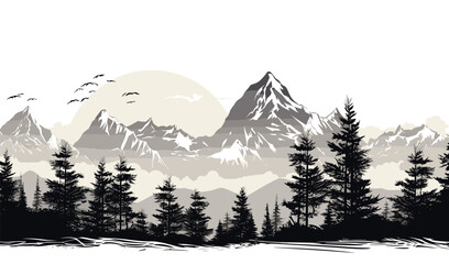 Wall Mural - Black and white mountain range wall art, symbolic landscapes trees stencil art outdoor scenes vector illustratio