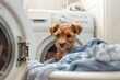 A small cute puppy looks out of the washing machine in the bathroom. Dog in the laundry room