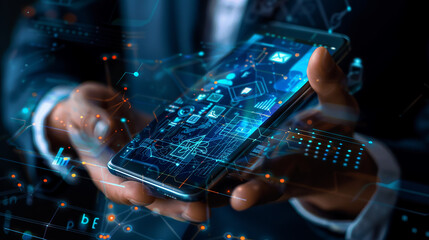 A close-up of a businessman's hand holding a modern smartphone with a business app on the screen.