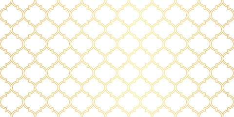 Moroccan Seamless Pattern. Gold Turkish Mosque Window Shape. Arabic Mosaic Golden Background. Eid Mubarak Muslim Ornament. Ramadan Kareem Islamic Illustration