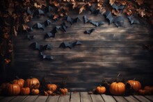 Halloween Background With Pumpkins, Bats And Spiders On Wooden Planks. Concept Of Blank Holiday Cards, Banner