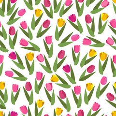 Wall Mural - Flat vector seamless pattern with spring flowers tulip.