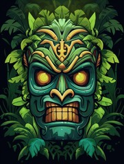 Canvas Print - Illustration of a tropical Tiki mask. Symbol of a wild tribe in the jungle.