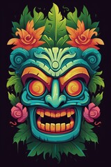 Wall Mural - Illustration of a tropical Tiki mask. Symbol of a wild tribe in the jungle.