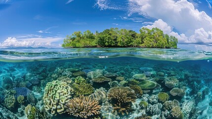 Sticker - Tropical Island and coral reef. Split view with waterline