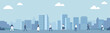 Vector urban building skyline bakground illustration with clouds and building and house with working people