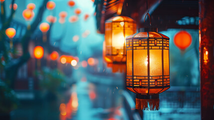 Wall Mural - beautiful glowing chinese lanterns in the evening