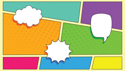 Poster - multi color blank Comic Cartoon Background Vector with Clouds speech box, Colorful comic background with blank speech bubble