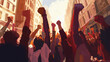 Empowered Crowd Raising Fists in Protest on City Street Illustration