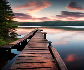  A vibrant sunset paints the sky over a serene lake. Generative AI