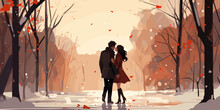 Couple In Love Woman And Man Kissing Outside In Winter Snow Fall Romantic Cute Vector Character