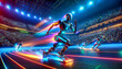 Robotic runners racing on a futuristic track inside a stadium with neon lights and cheering crowd.