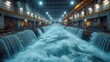 Hydroelectric Power Plant. Workers are photographed inside a hydroelectric power plant, overseeing the operation of turbines and generators. The rushing water and machinery