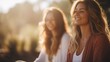 © Maria_artist - Female energy - young women meditating together outside in sunny, spring weather, with sunset