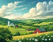A serene countryside landscape with rolling hills and farms