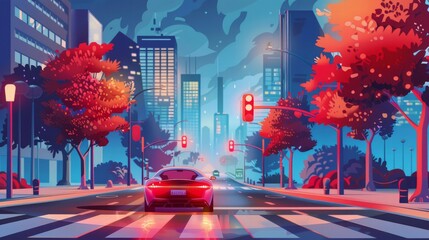 Wall Mural - A vector illustration showcasing an autonomous smart car scanning the road and operating automatically as it comes to a stop at a crosswalk in the city