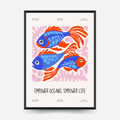 Wall Mural - Underwater world, ocean, sea, fish and shells vertical flyer or poster template. Modern trendy Matisse minimal style. Hand drawn design for wallpaper, wall decor, print.