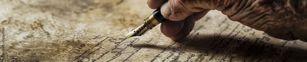 Artistic close up of elderly hand signing a historic document with a ...