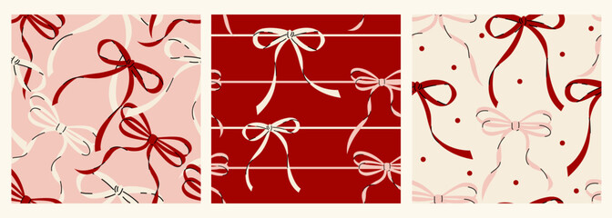 Set of Seamless patterns with various cartoon bow knots, gift ribbons. Trendy hair braiding accessory. Hand drawn vector illustration. Holiday background.