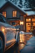 Sleek electric car charging in a cozy home driveway evening setting future forward theme