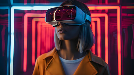 Wall Mural - girl in virtual reality glasses on a futuristic background