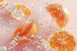 A colorful backdrop has orange fruit pieces floating in the air. water droplets splash. AI Generated