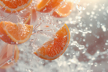 A colorful backdrop has orange fruit pieces floating in the air. water droplets splash. AI Generated