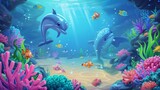 Fototapeta Do akwarium - An enchanting underwater world filled with smiling fish, cute seahorses, and playful dolphins, set against a backdrop of coral reefs and sunken treasures.
