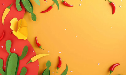 Wall Mural - bright yellow paper cut cacti and chili peppers on red background, copy space for text 