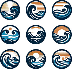 Wall Mural - set of sea wave sunset logo icon silhouette symbols clipart, sunset logo concept