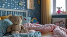 Closeup Bed With Teddy Bear In A Kid's Room