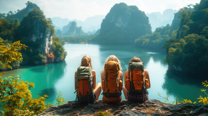 Fototapeta trzy kobiety wspólnie podróżują po górach z plecakami