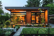 View exterior layout of a modern small house facade trim of rectangular boards, many plants