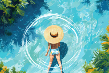Wall Mural - summer girl swim in clear blue water in tropical landscape illustration