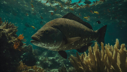 Poster - Coral reef and fishes underwater.