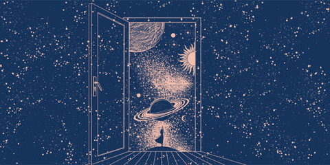 Wall Mural - an open door to outer space with a girl standing with her back and flying planets. concept illustrat