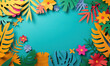 paper cut tropical leaves and flowers on bright teal background
