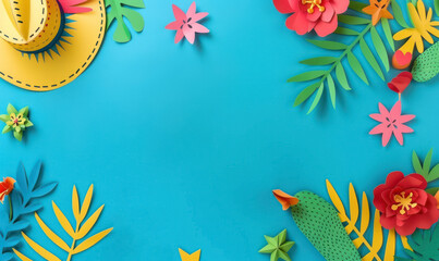 Wall Mural - colorful paper cut design with sombrero and tropical flora on blue background