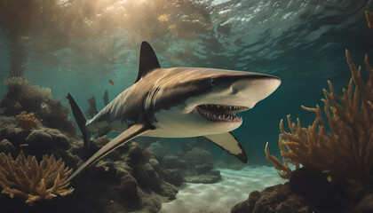 Wall Mural - White shark swimming under water in the corals and sun shine.	