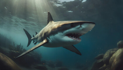 Wall Mural - White shark swimming under water in the corals and sun shine.	