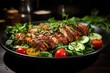 Grilled chicken breast and fresh vegetable salad - tomato leaves, cucumber and let, generative IA