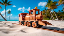 Toy Wooden Train Positioned On A Sandy Beach With Palm Trees. Reflects The Essence Of Tourism, Travel, And Vacation. A Premium Mockup Offering Sufficient Space For Text Or Advertising.

