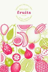 Canvas Print - Tropical Fruit Design Template. Vector Hand Drawn Exotic Fruit Banner. Vintage Style Menu Illustration.