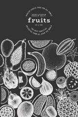 Canvas Print - Tropical Fruit Design Template. Vector Hand Drawn Exotic Fruit Chalk Board llustration. Vintage Style Menu Illustration.