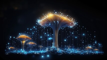 Wall Mural - abstract background with a growing digital mushroom. machine learning and big data array visual conc