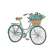 Cute bicycle with basket. Hand drawn vector bicycle with flowers. City bike illustration on white background