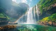 A majestic waterfall cascades down a cliff amidst lush greenery with a rainbow arcing in the mist, ideal for travel or nature-themed content.