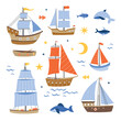 Cute ships vector set. Colorful ships and boats nautical illustrations on white background