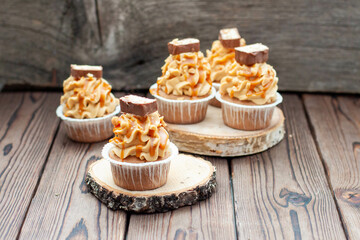 Wall Mural - Delicious chocolate cupcakes with peanut butter frosting, chocolate bites and salted caramel sauce on rustic wooden background